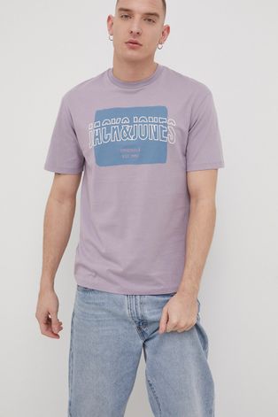 Jack & Jones T-shirt bawełniany kolor fioletowy z nadrukiem