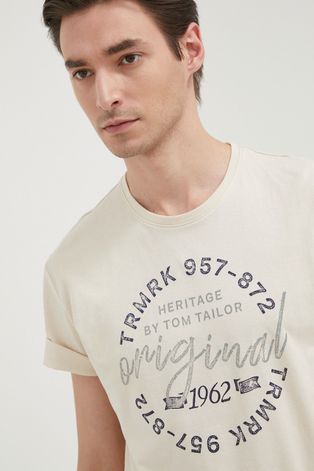 Бавовняна футболка Tom Tailor колір бежевий з принтом