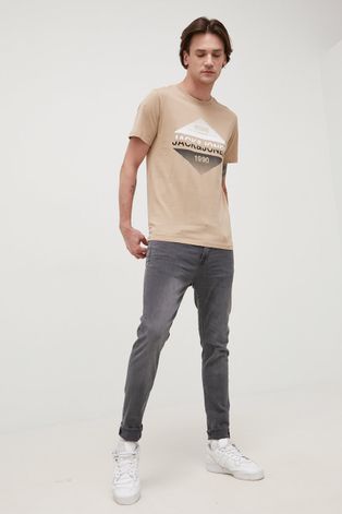 Jack & Jones t-shirt bawełniany kolor beżowy z nadrukiem