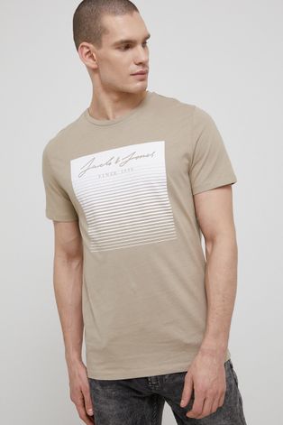 Jack & Jones t-shirt bawełniany kolor beżowy z nadrukiem