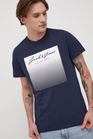 Jack & Jones t-shirt bawełniany kolor granatowy z nadrukiem