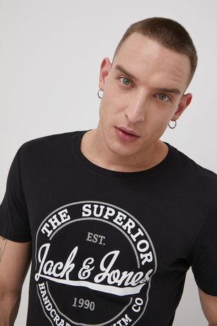 Bavlnené tričko Jack & Jones čierna farba, s potlačou