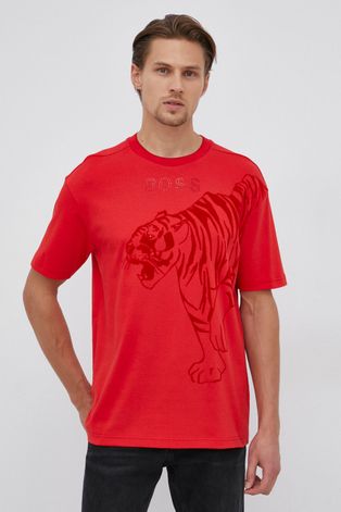 Bavlněné tričko Boss Athleisure červená barva, s aplikací
