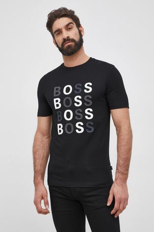Bavlněné tričko Boss černá barva, s potiskem