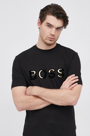 Bavlněné tričko Boss černá barva, hladké