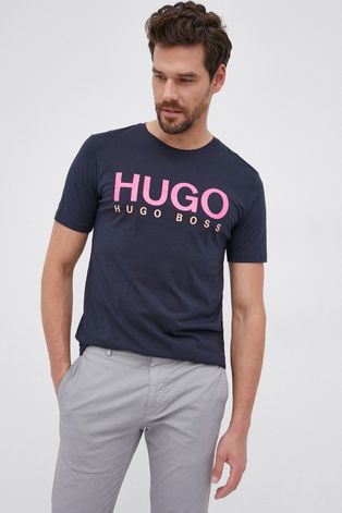 Hugo T-shirt bawełniany kolor granatowy z nadrukiem
