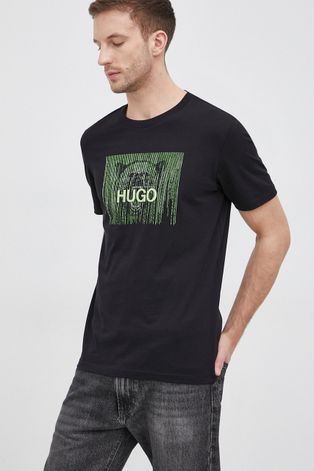 Бавовняна футболка Hugo колір чорний з принтом
