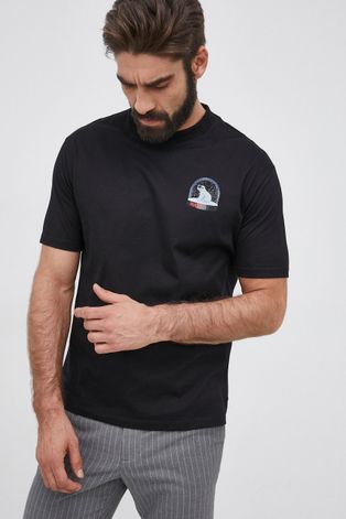 Bavlněné tričko Hugo černá barva, s potiskem