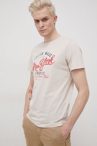 Produkt by Jack & Jones T-shirt bawełniany kolor beżowy z nadrukiem