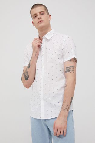 Bavlněné tričko Tom Tailor pánská, bílá barva, slim, s klasickým límcem