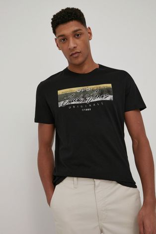 Bavlnené tričko Jack & Jones čierna farba, s potlačou