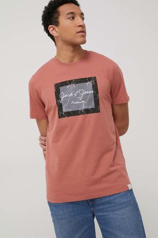 Premium by Jack&Jones t-shirt bawełniany kolor pomarańczowy z nadrukiem