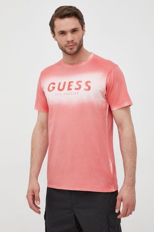 Хлопковая футболка Guess цвет розовый с принтом