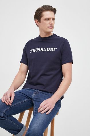 Памучна тениска Trussardi в тъмносиньо с принт