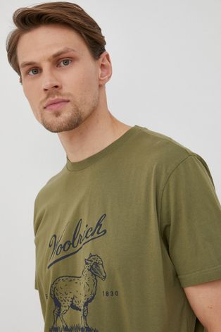 Pamučna majica Woolrich boja: zelena, s tiskom