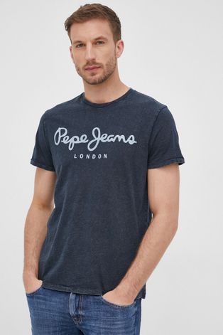 Pepe Jeans tricou din bumbac Essential Denim Tee N culoarea albastru marin, cu imprimeu