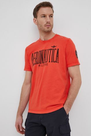Памучна тениска Aeronautica Militare в оранжево с принт