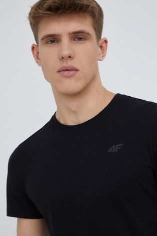 Bavlnené tričko 4F čierna farba, jednofarebné