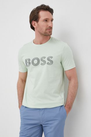 Bavlnené tričko BOSS Boss Athleisure zelená farba, s potlačou