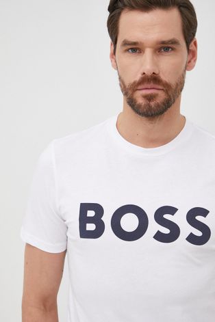 Bavlněné tričko BOSS Boss Casual bílá barva, s potiskem