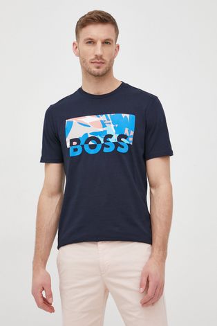 Bavlnené tričko BOSS Boss Casual tmavomodrá farba, s potlačou