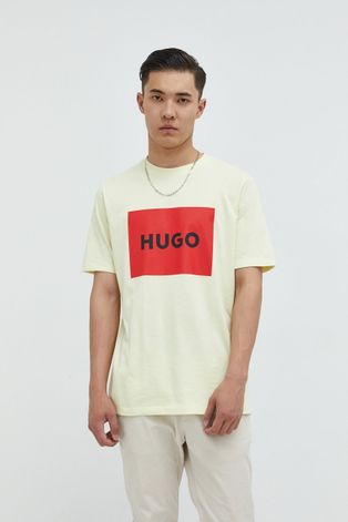 Памучна тениска HUGO в бежово с принт