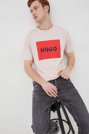 HUGO t-shirt bawełniany kolor różowy z nadrukiem