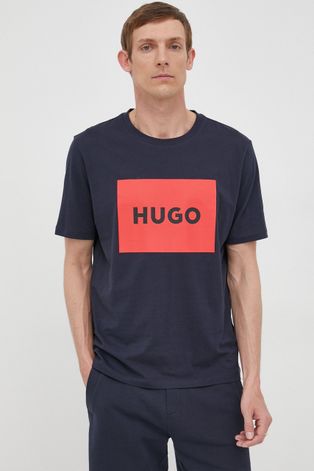 Pamučna majica HUGO boja: tamno plava, s tiskom