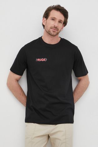 Bavlnené tričko Hugo čierna farba, s potlačou