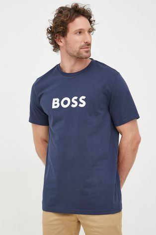 Bavlněné tričko BOSS tmavomodrá barva, s potiskem