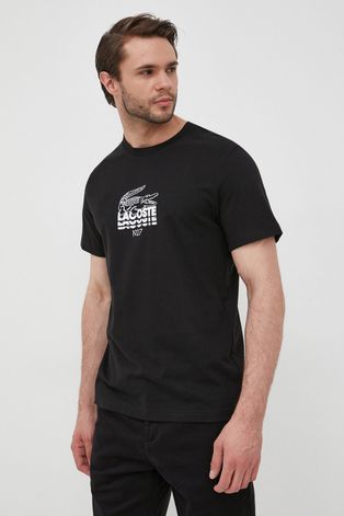 Bavlnené tričko Lacoste čierna farba, s potlačou