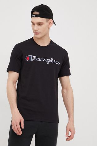 Bavlněné tričko Champion černá barva, s aplikací