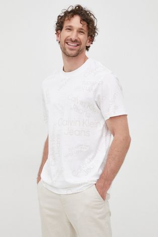 Bavlnené tričko Calvin Klein Jeans biela farba, s potlačou