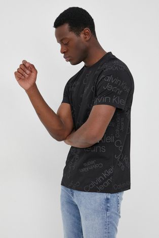 Calvin Klein Jeans pamut póló fekete, nyomott mintás