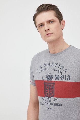 Pamučna majica La Martina boja: siva, s tiskom