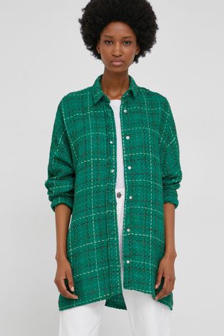 Риза Answear Lab дамска в зелено със свободна кройка с класическа яка