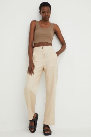 Answear Lab spodnie lniane damskie kolor beżowy proste high waist