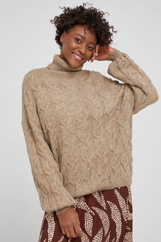 Answear Lab Sweter z wełną damski kolor beżowy ciepły z golfem