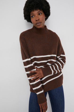 Answear Lab Sweter z wełną damski kolor brązowy z półgolfem