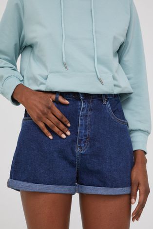 Džínové šortky Answear Lab dámské, tmavomodrá barva, hladké, high waist