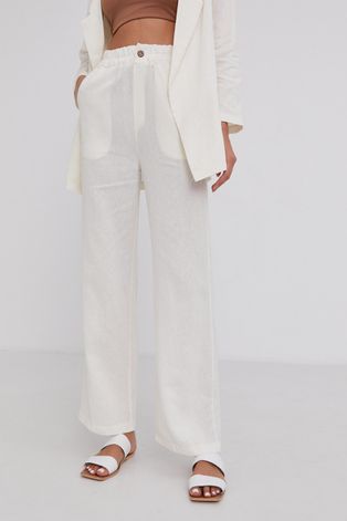 Answear Lab Spodnie lniane Pure Linen damskie kolor kremowy proste high waist