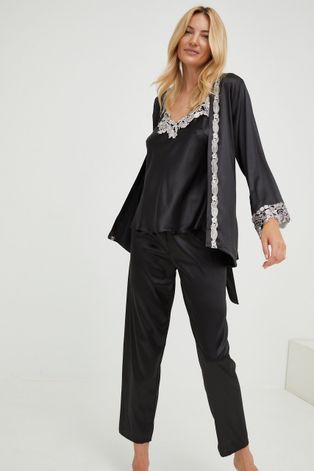Pyžamová súprava s hodvábom Answear Lab Silk Blend čierna farba, saténový