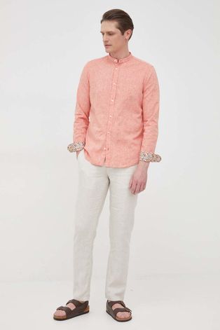 Льняная рубашка Manuel Ritz мужская цвет оранжевый slim со стойкой
