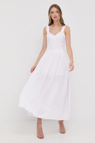 Silvian Heach sukienka z domieszką lnu kolor biały maxi rozkloszowana