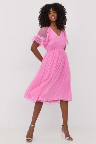 Svilena haljina Nissa boja: ružičasta, midi, širi se prema dolje