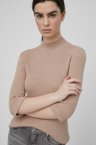 Mos Mosh gyapjúkeverék pulóver könnyű, női, bézs, félgarbó nyakú
