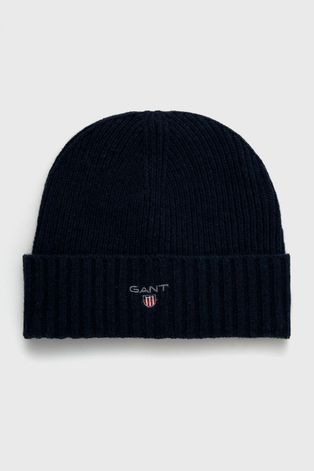 Шерстяная шапка Gant цвет синий из толстого трикотажа шерсть