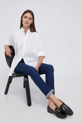 Риза Mos Mosh дамска в бяло със стандартна кройка с класическа яка