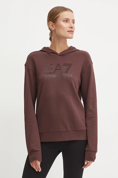 Μπλούζα EA7 Emporio Armani χρώμα: καφέ, με κουκούλα, TJDOZ.6DTM17