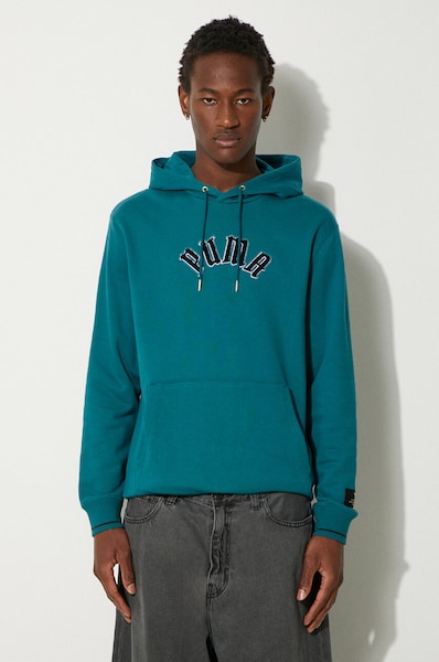 Puma bluza bawełniana Classics Play Paris Hoodie męska kolor turkusowy z kapturem z aplikacją 626766